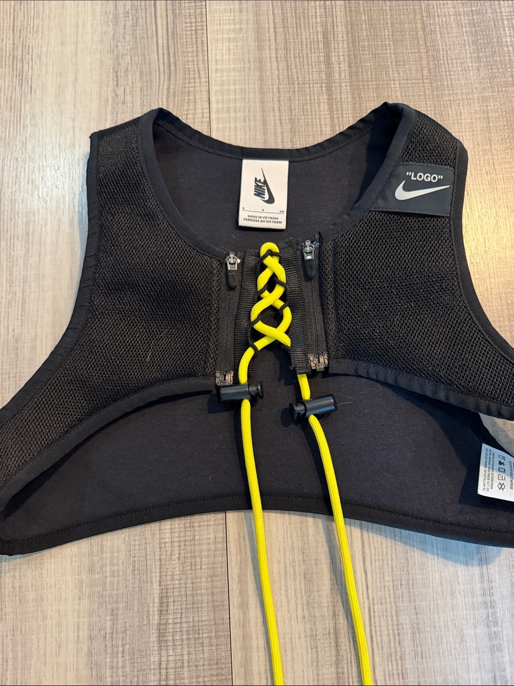 Off-White Black Mesh Lace-Up Crop Vest with Yellow Cord